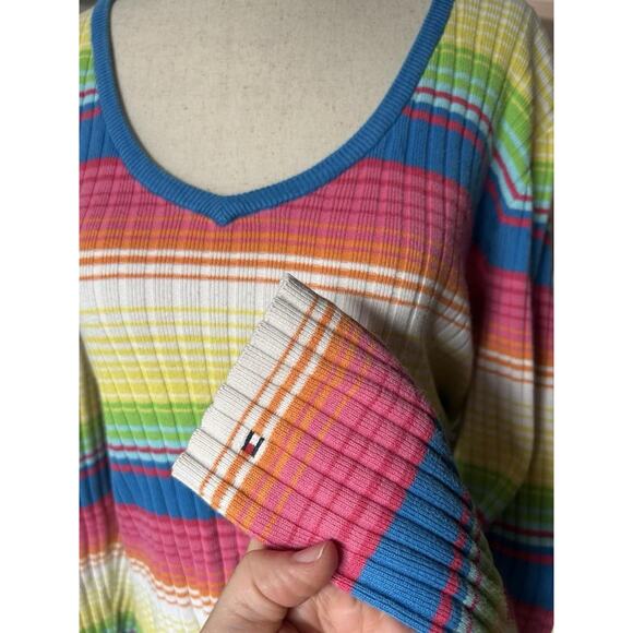 Vintage Y2K Tommy Hilfiger Rainbow Striped V Neck Sweater Womens XL - Picture 3 of 7